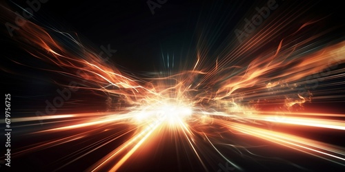 Futuristic Sports Car On Neon Highway. Powerful acceleration of a supercar on a night track with colorful lights and trails. High speed business and technology concept photo