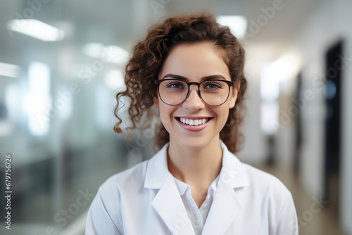 A young female university research scientist with a warm smile, wearing a lab coat and safety goggles, stands in a laboratory