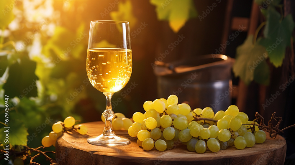 A glass of white wine on a wooden surface with bunches of grapes.Generative AI
