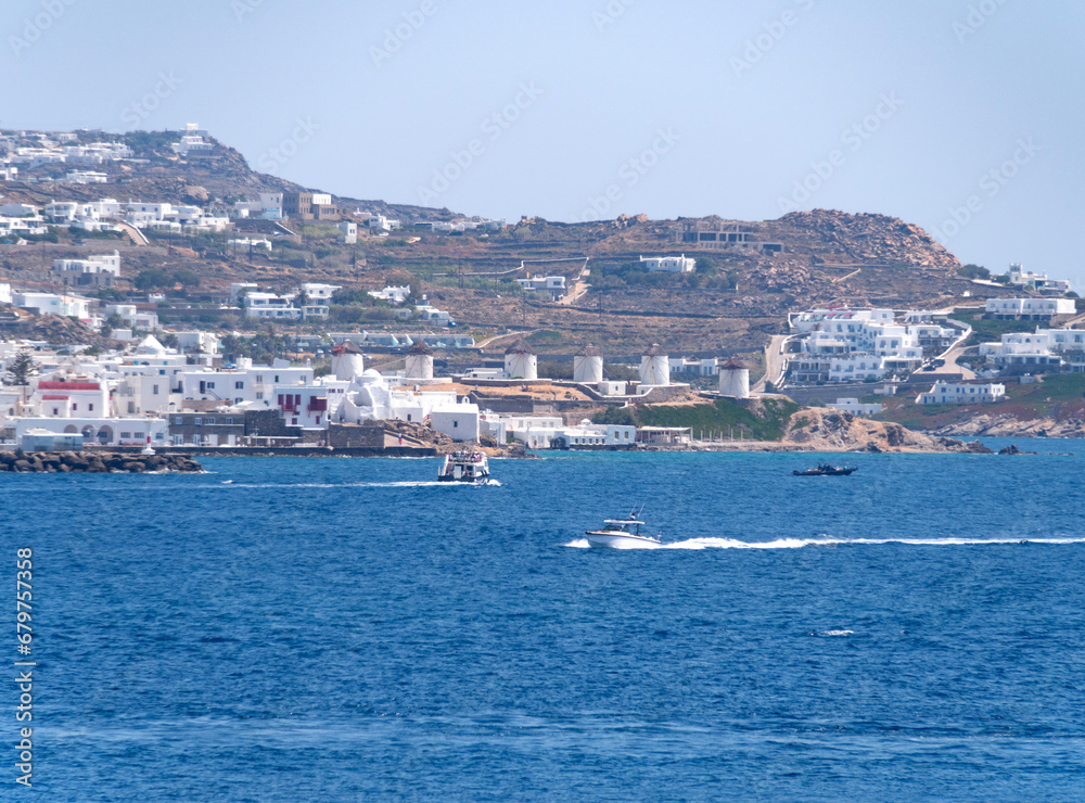 Panoramic view of Mykonos island  from the sea