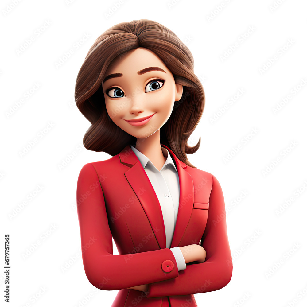 3D Cute cartoon woman character. Cartoon businesswoman wearing red suit on transparent background. Generative AI 3D Cute cartoon woman character. Cartoon businesswoman wearing red suit on transparent background. Generative AI