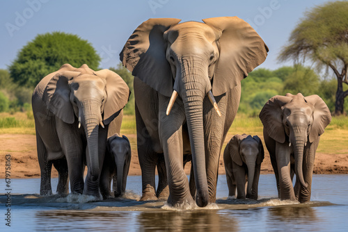 African bush elephant family bathing in a river.