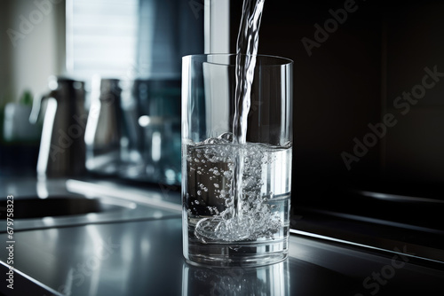 Filling up a glass with drinking water from kitchen tap photo