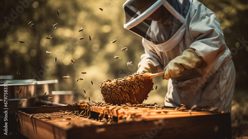 beekeeper collecting honey from hive.Generative AI photo
