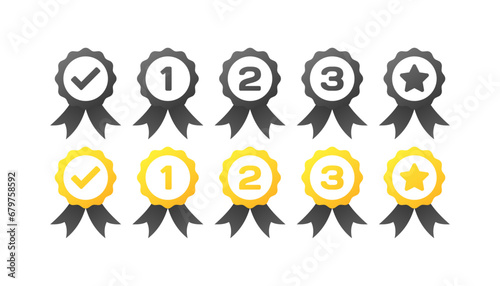 Medal icons. Different styles, medals with check mark, number 1, 2, 3. Vector icons