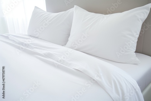 A serene and inviting twin-sized white bed set with neatly wrapped edges, creating a tidy and cozy appearance. The soft light and minimalist interior design evoke a peaceful and elegant atmosphere