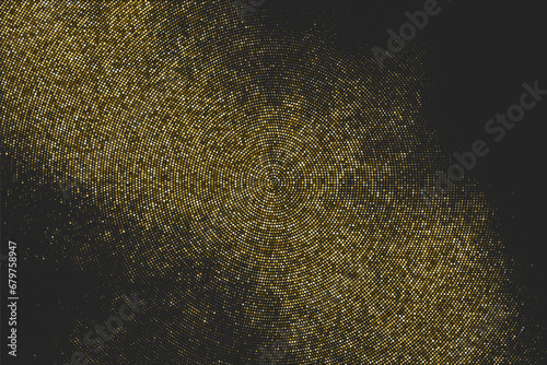 Gold Glitter Halftone Dotted Backdrop. Abstract Circular Retro Pattern. Pop Art Style Background. Golden Explosion Of Confetti. Digitally Generated Image. Vector Illustration.  