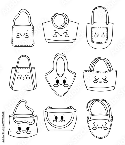 Cute kawaii shopping bag characters. Coloring Page. Cartoon reusable grocery bags. Hand drawn style. Vector drawing. Collection of design elements.