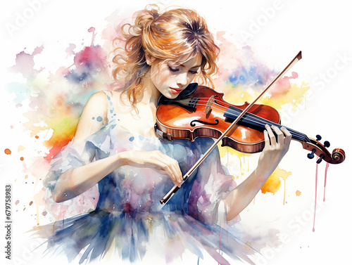 garota tocando violino arte aquarela 