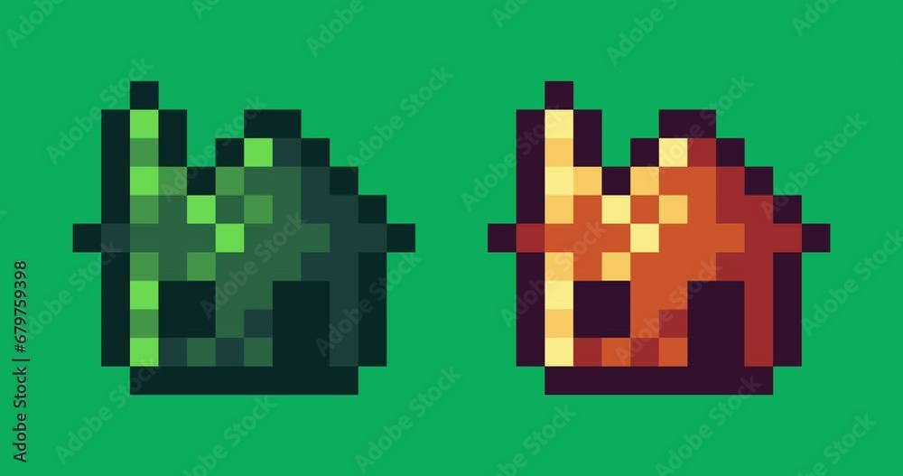 Green screen of house icon , house icon bits pixel slowly appeared and dissappeared. Simple animation from pixel dots form sets of gold house. Usefull for game asset or design asset animate.