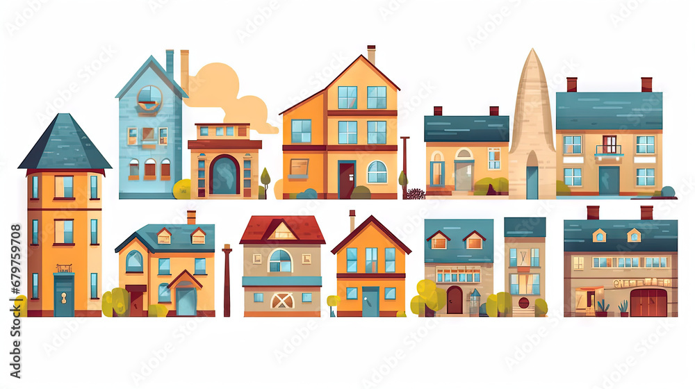 Set of cute residental houses in the neighborhood. Colorful architecture of suburb or village cottages.