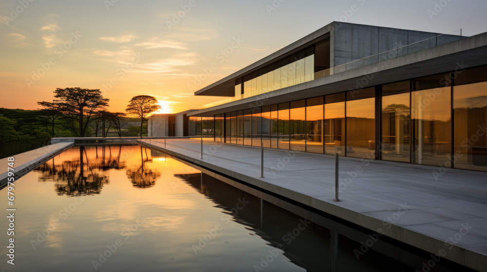 bâtiment moderne d'architecte contemporain avec de larges baies vitrées, structure à base de béton brut et de ligne pure, photo à l'heure dorée