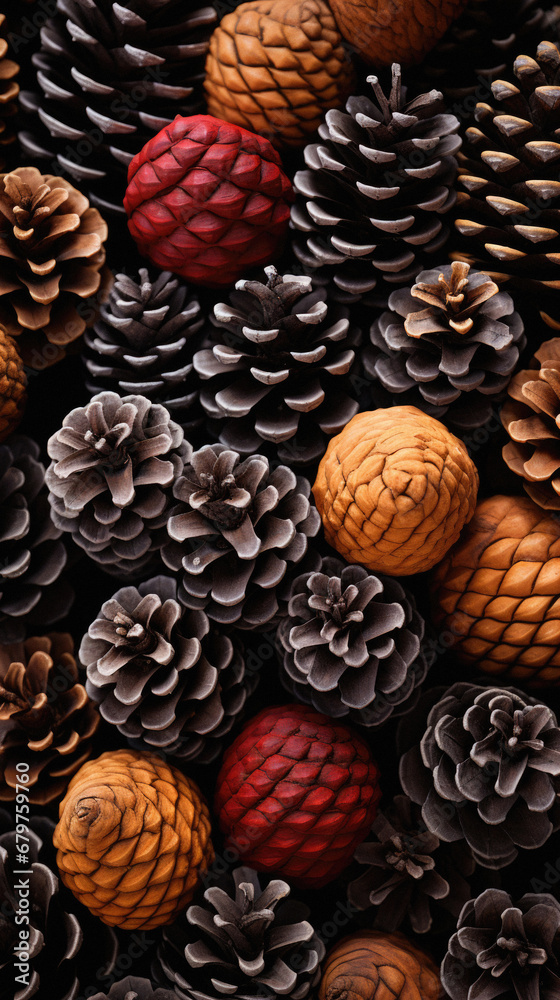 Pine cones on a dark background. Top view. Flat lay. Pine cones on a dark background. Top view. Flat lay.