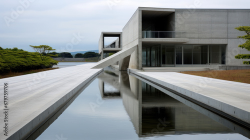 bâtiment moderne d'architecte contemporain avec de larges baies vitrées, structure à base de béton brut et de ligne pure 