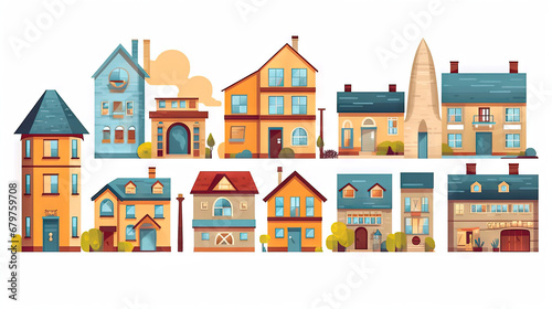Set of cute residental houses in the neighborhood. Colorful architecture of suburb or village cottages. © swillklitch