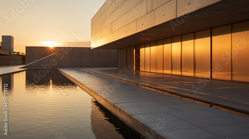 bâtiment moderne d'architecte contemporain avec de larges baies vitrées, structure à base de béton brut et de ligne pure, photo à l'heure dorée photo