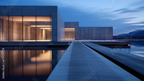 bâtiment moderne d'architecte contemporain avec de larges baies vitrées, structure à base de béton brut et de ligne pure, photo à l'heure bleu photo