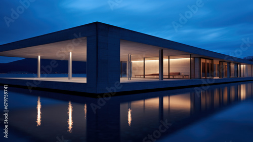 b  timent moderne d architecte contemporain avec de larges baies vitr  es  structure    base de b  ton brut et de ligne pure  photo    l heure bleu