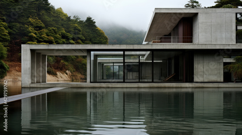 bâtiment moderne d'architecte contemporain avec de larges baies vitrées, structure à base de béton brut et de ligne pure 