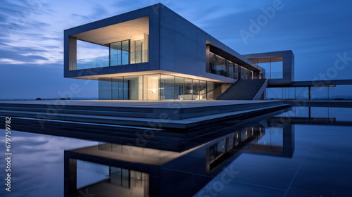 bâtiment moderne d'architecte contemporain avec de larges baies vitrées, structure à base de béton brut et de ligne pure, photo à l'heure bleu © Sébastien Jouve