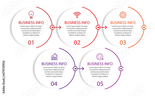 Basic RGBDesain Infografis Bisnis sederhana, vektor
templat dengan garis warna warni, ikon, angka dan
5 pilihan atau langkah. Dapat digunakan untuk proses diagram,
presentasi, tata letak alur kerja, s
