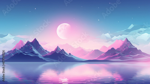 Pink landscape with moon over polygonal mountains. Calm surreal backround.