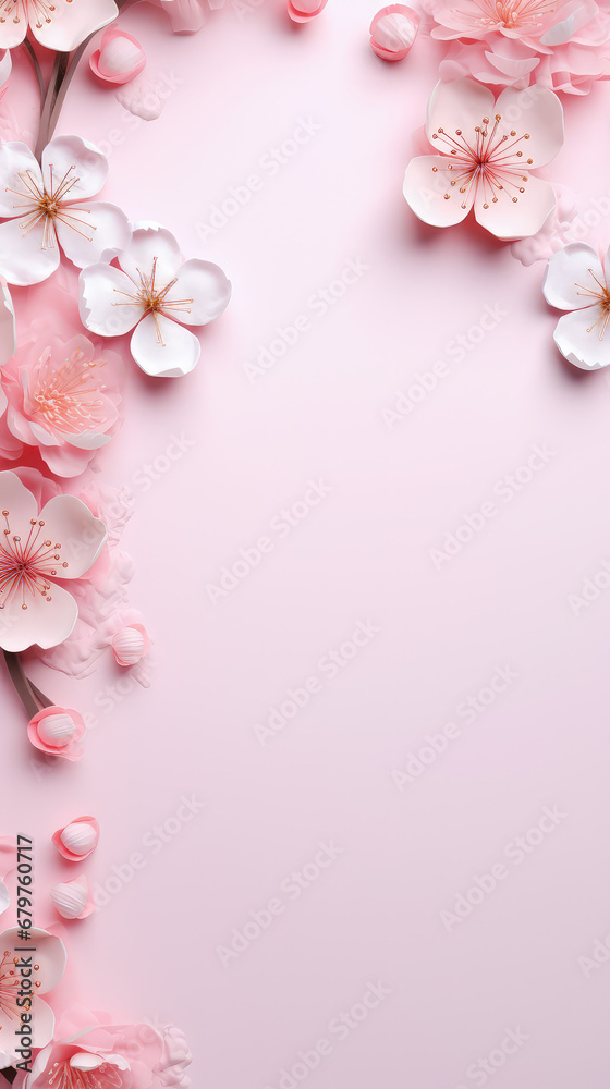 Paper flowers on pink background. Flat lay, top view, copy space.