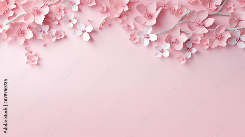 Paper flowers on pink background. Flat lay, top view, copy space.