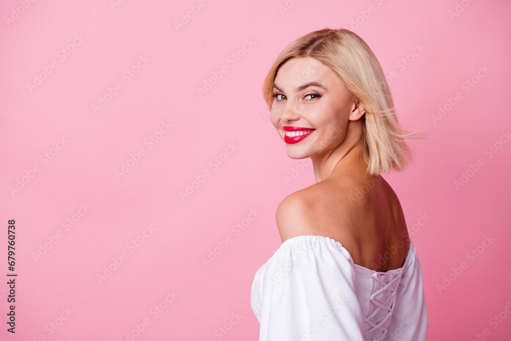 Photo of stunning luxury cute girl dressed white trendy clothes promoting cosmetics empty space poster isolated on pink color background