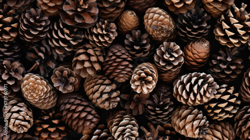 Pine cones background. Top view. Flat lay. Copy space.