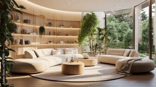 Wellness-focused interior design. modern home interior with biophilic design elements plants, sustainable bamboo flooring, ergonomic furnishings, neutral color, tranquility and mindful living