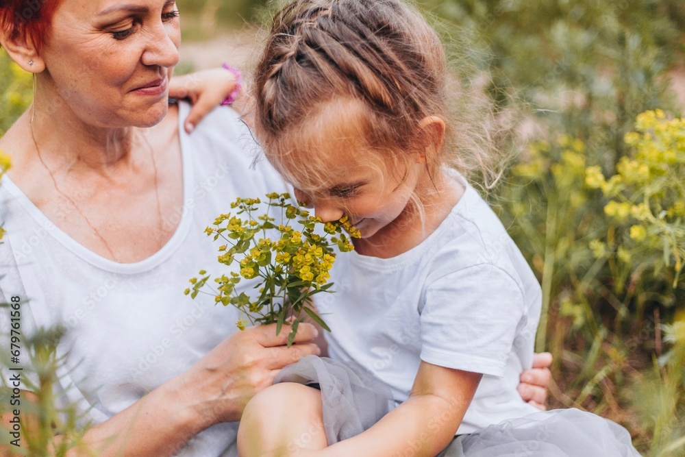 A portrait of a grandmother or mother with her granddaughter or daughter bonding together surrounded by field flowers on a summer day, little girl sniffing flowers