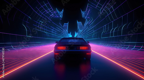 Car ride on the neon road in 80s retro synthwave style.