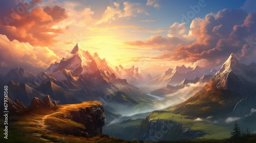  A painting of a mountain range with a sunset