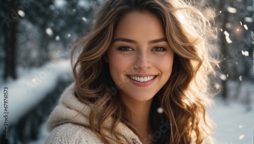 Happy pretty young european woman outdoor at winter city background