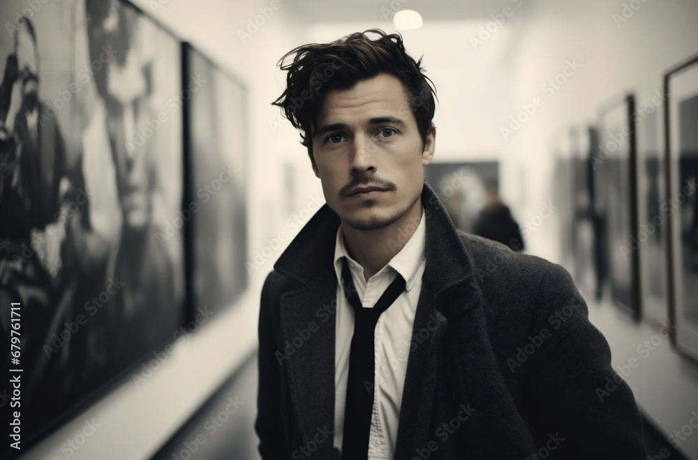 Fototapeta premium Handsome young man in coat looking at exposition in art gallery