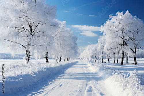 Beautiful snow-covered trees along a clear winter road covered with snow, in the background of a field against a blue sky.