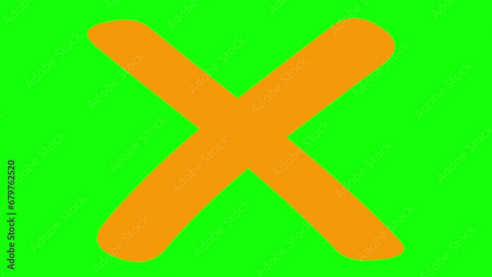 Animated orange symbol of cross appears. Icon is drawn. Concept of prohibition. Flat vector illustration isolated on green background. Animated orange symbol of cross appears. Icon is drawn. Concept of prohibition. Flat vector illustration isolated on green background.