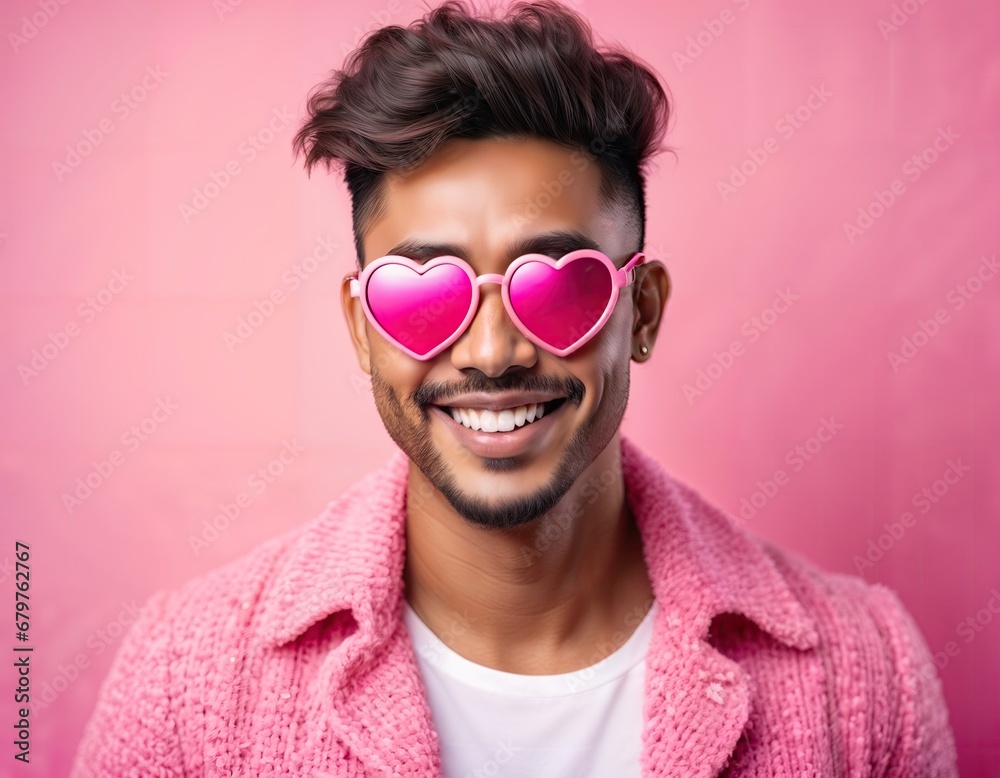 happy latin man wearing heart symbol shaped glasses happy latin man wearing heart symbol shaped glasses