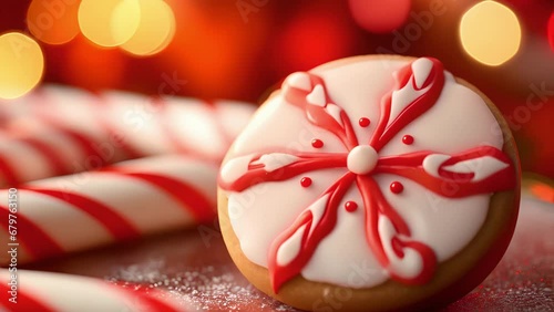 Closeup of a festive sugar cookie with cookie icing in the shape of a red and white peppermint candy. photo