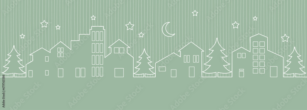 City center buildings in a winter night, town sky outline vector illustration - obrazy, fototapety, plakaty 