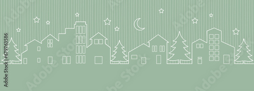 City center buildings in a winter night, town sky outline vector illustration