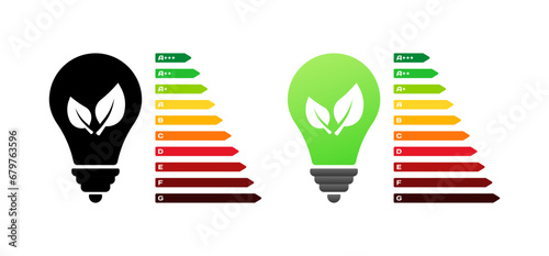 Light bulb with sheet of rating letters. Different styles, light bulb with leaf, green energy, rating in letters. Vector icons