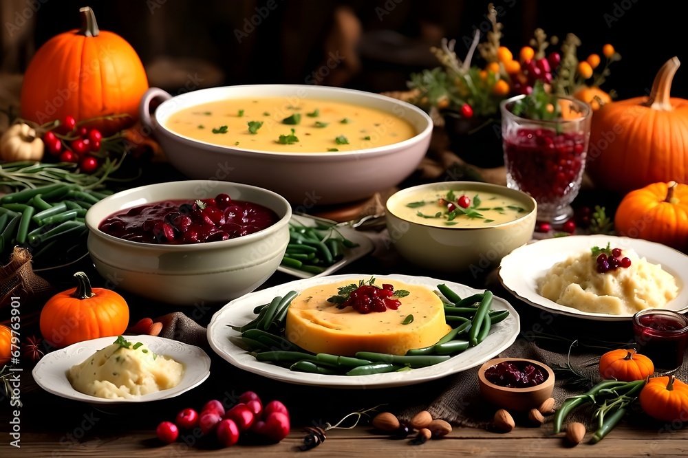 Happy thanksgiving concept thanksgiving day celebration dinner setting with traditional meal and food green beans mashed potatoes cranberry sauce pumpkin soup autumn fruits vegetables
