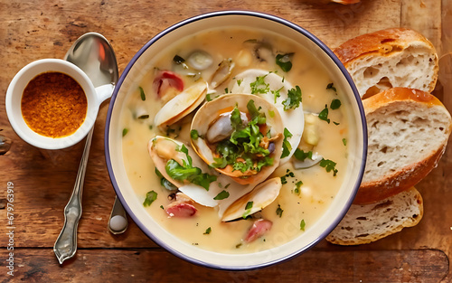 Capture the essence of Clam Chowder in a mouthwatering food photography shot Generative AI