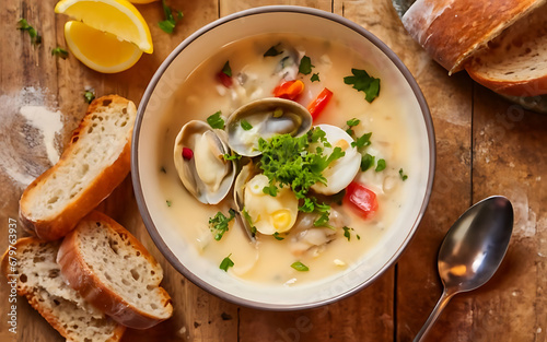 Capture the essence of Clam Chowder in a mouthwatering food photography shot Generative AI