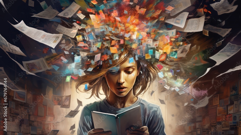 A mind full of imagination as a result of reading books - obrazy, fototapety, plakaty 