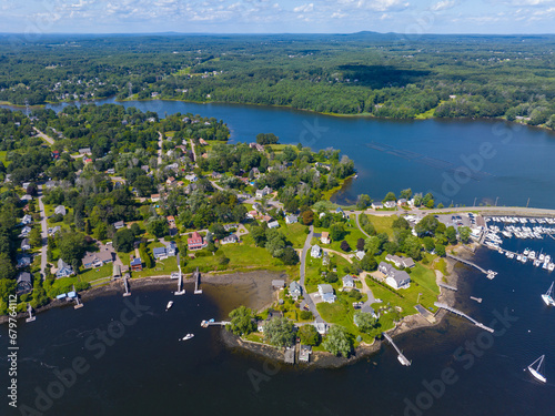 Great Cove on Piscataqua River aerial view in summer with Spinney Creek at the background, South Eliot, Maine ME, USA. 