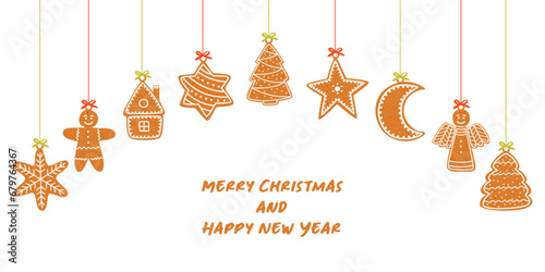 Vector illustration of hanging ginger cookies and congratulations Merry Christmas and Happy New Year. Christmas cookies of various shapes, such as a man, a house, an angel, a snowflake.