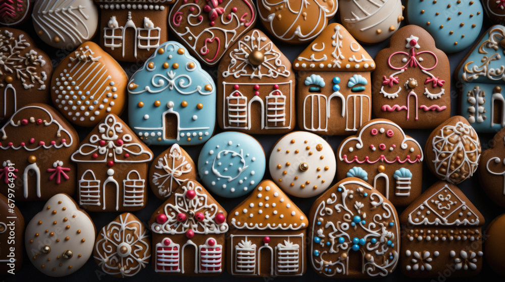 Gingerbread cookies on a dark background. Christmas and New Year concept. - obrazy, fototapety, plakaty 